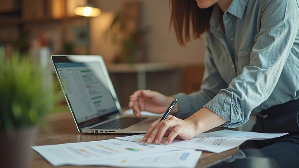 Профессиональное фото женщины, отслеживающей расходы на ноутбуке с финансовыми графиками