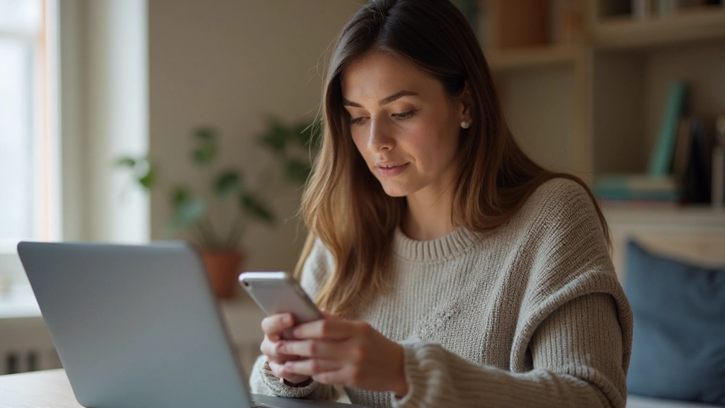 Женщина ведет финансовые записи в приложении на смартфоне